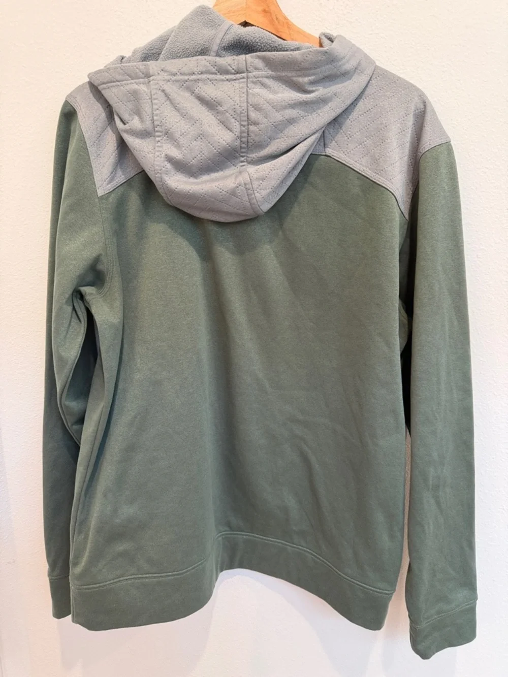 The North Face Olive Green Hoodie with Gray Hood and Shoulder Panels